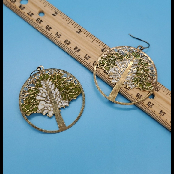 Tree of Life graphic pierced earrings gold tone green and white detail dangly - Picture 6 of 6